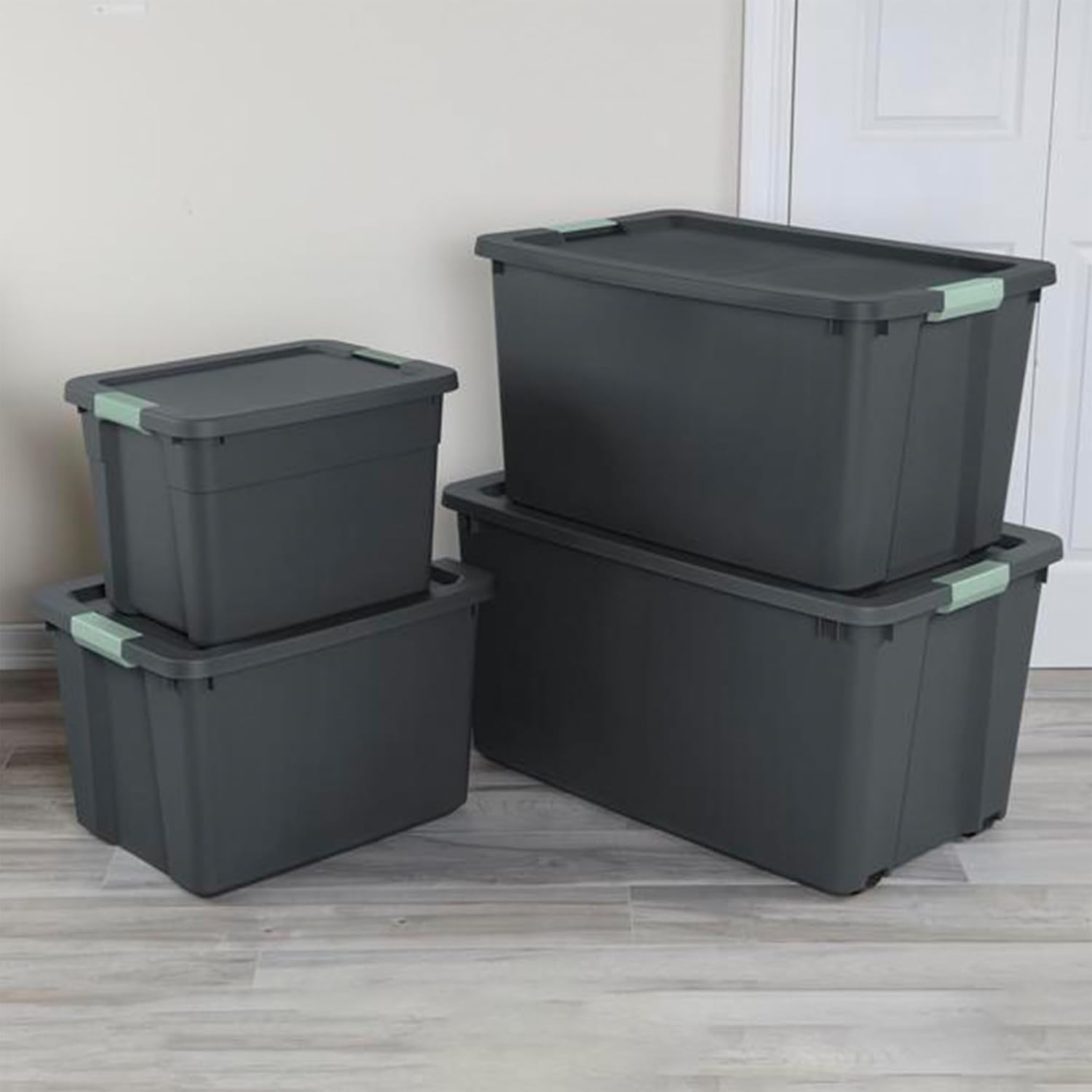 Sterilite 6-Pack Latch Tote | Stackable 12 Gallon Plastic Storage Bins with Lids - Gray/Green Organization Solution
