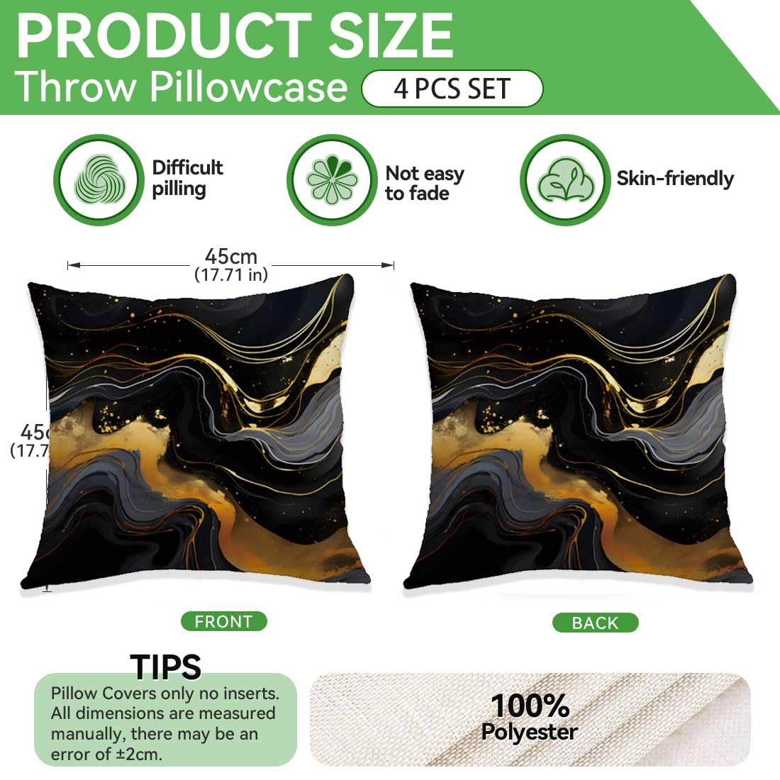 ORMAN Throw Pillow Covers 18 x 18 Inch Black Gold Fluid Cushion Case Decoration for Sofa Couch Set of 4,Farmhouse Home Decor for Sofa Living Room Couch Bed