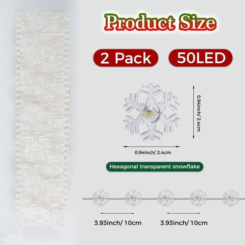 kolpop 2 Pack 50 LED Fairy Lights Battery Operated with Timer, Transparent Snowflakes String Lights Battery Powered with Remote Control Waterproof for Indoor Outdoor Christmas Decorations