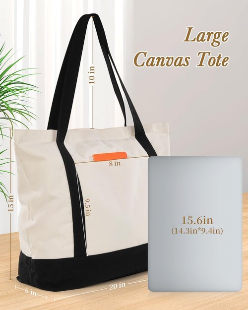 Lzerking 3 Pack Large Canvas Tote Bag with Zipper and External Pocket, Heavy Duty Reusable Grocery Bags for Beach, Travel, DIY, Wedding, Women, Gift (Natural Color)