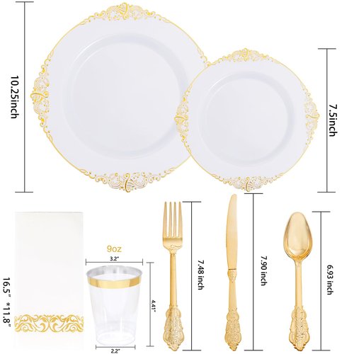 Nervure 350PCS Gold Plastic Dinnerware - White and Gold Disposable Plates for 50 Guests - 100 White Disposable Plates, 150 Plastic Silverware, 50 Cups, 50 Napkins for Wedding & Party