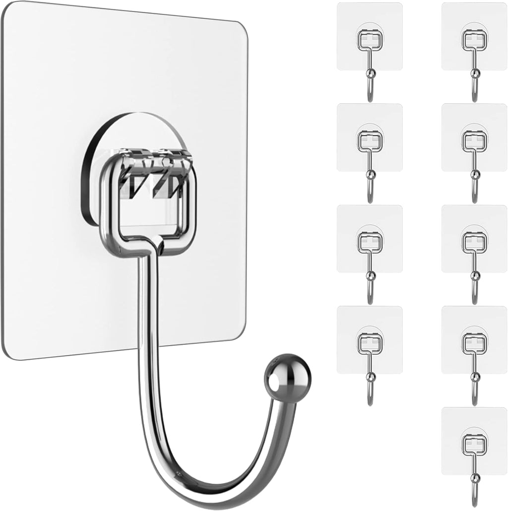 Skiennix Heavy-Duty Wall Hooks - Self-Adhesive, Traceless & Waterproof | 10 Pack for Home & Kitchen