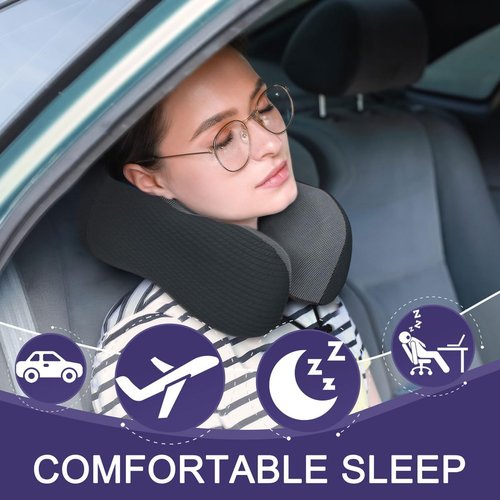 Napfun Neck Pillow - Memory Foam Travel Pillow with Pouch, Sleep Mask & Earplugs | Black Striped Kit