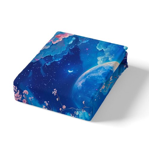 Cherry Blossoms Fitted Sheet Twin Size,Moonnight Cloud Starry Sky Bedding Set,Girls Women Room Decor,Sakura Flowers Chinese Style Bed Cover,Pink Blue Romantic Bed Sheet,1 Pillowcase(No Top Sheet)