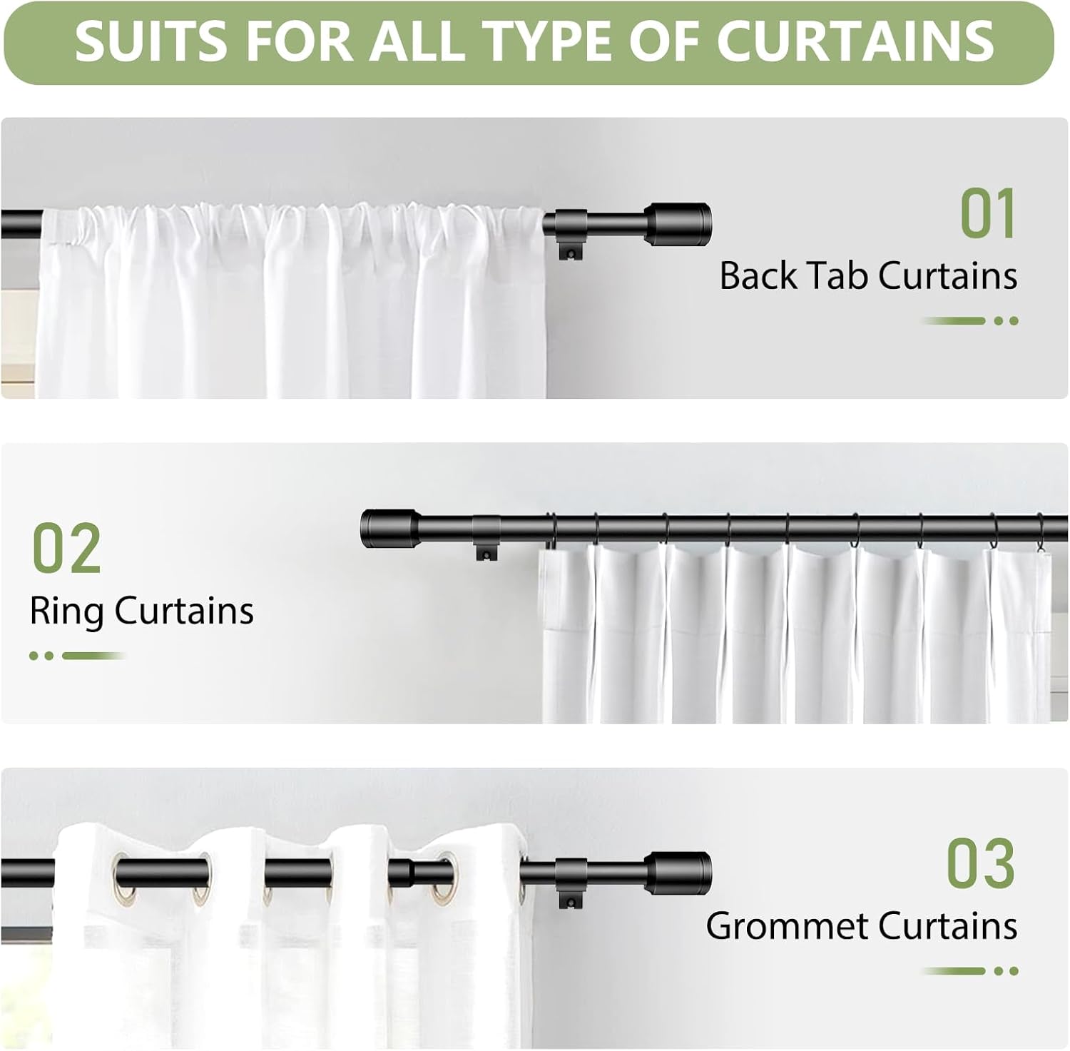 Regine Switzerland Adjustable Black Curtain Rods - 30-60 Inch for 30-54 Inch Windows | 2 Pack