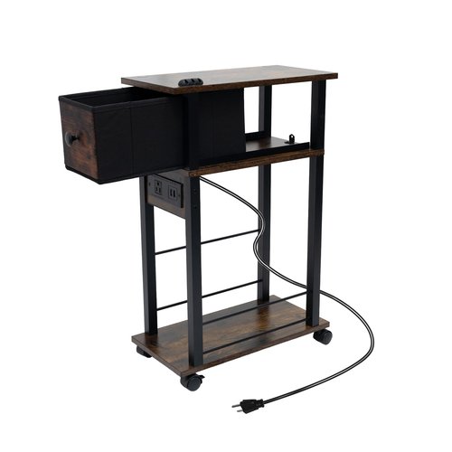 DGSANDGO Sofa Side Table Narrow End Table (1PC) - Rustic Brown & Black Two-Tone, Side Table with Charging Station (1 AC + 2 USB) & Storage Drawer, 4 Wheels Mobile Nightstand for Bedroom Living Room