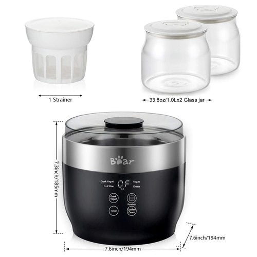 Bear Yogurt Maker, Greek Yogurt Maker Machine with Strainer and Timer Control, Stainless Steel Inner Pot, Automatic Digital with 2 Glass Jars 1 Quart for Home Organic Yogurt, Cheese, Fruit Wine
