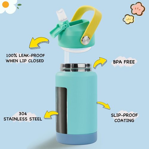 Kerilyn Kids Water Bottle - 12oz Stainless Steel Insulated Cup with Straws | Leak-Proof, BPA Free, Twilight Green