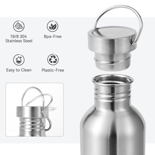Volhoply 20oz Uninsulated Single Walled Water Bottle, Stainless Steel Reusable Water Bottles with Handle, BPA Free & Plastic Free 18/8 304 Metal Water Bottles for Camping, Hikers, Cyclists