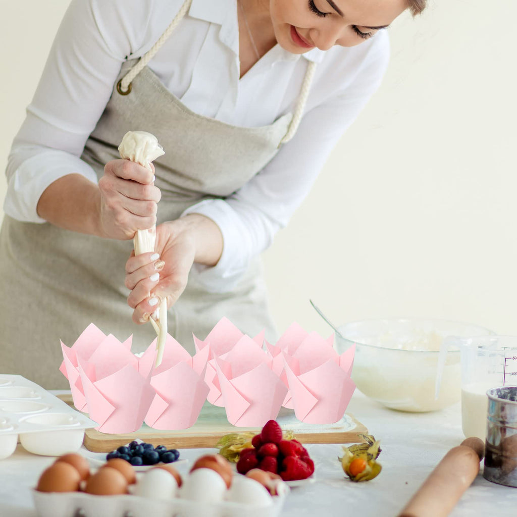 Jutom 200 Pack Tulip Cupcake Liners Paper Baking Cups Greaseproof Muffin Liners Grease Resistant Cupcake Wrappers for Weddings Birthday Cake Balls Muffins Candy Jelly Party(Pink)