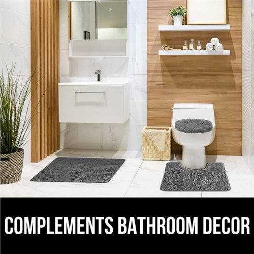 GORILLA GRIP Chenille Bath Rug and Toilet Lid Cover, Both in Gray Color, Bath Rug Size 36x24, Toilet Lid Cover Size 17.5x15, Both Machine Washable, 2 Item Bundle