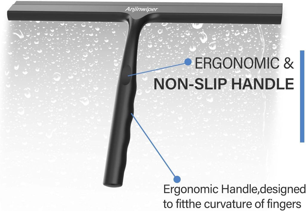 Skiennix Shower Squeegee - Silicone Window Cleaner Tool with Adhesive Hook | 10-Inch Black