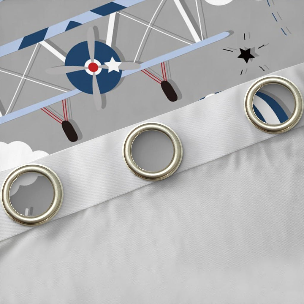 Kids Cartoon Airplane Window Curtain Navy Stripes Hot Air Balloon Aircraft Curtains Boys Teens Room Decor Cloud Starry Moon Blackout Window Treatment Chic Grey Window Drapes,Top 2 Panel,42Wx84L