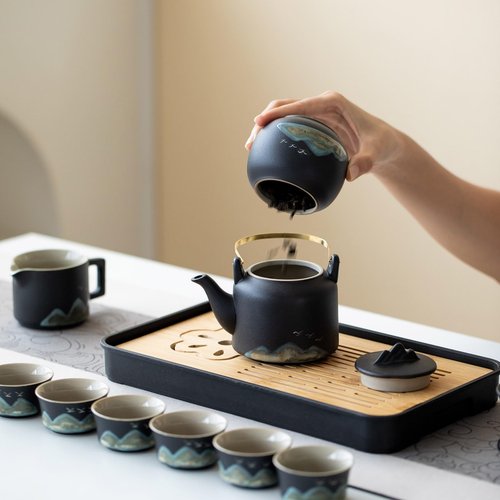 Simeiton Chinese Gongfu Tea Set, 15-Piece Ceramic Tea Service with Teapot, 6 Cups, Storage Jar, Tea Tray, Black and Teal Mountain Design with Gray Travel Case