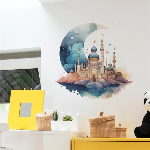 Dreamy Moon Castle Stars Cartoon Wall Stickers, sacinora Islam Blue Castle Wall Decals Removable Vinyl Peel and Stick for Kids Baby Nursery Bedroom Playroom Toddler Room Art Home Decorations