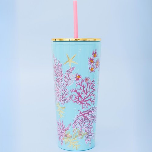 Lilly Pulitzer Double Wall Tumbler with Lid and Reusable Straw, Insulated Travel Cup Holds 24 Ounces (Royal Coral)