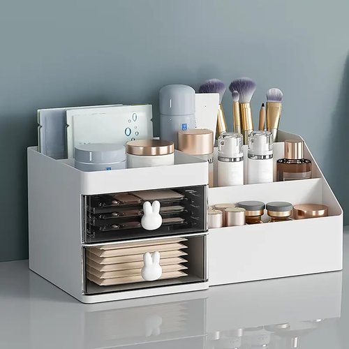 Makeup Organizer With 2 Drawers, Countertop Organizer For Vanity, Bathroom Organizers And Storage, Bathroom And Bedroom Desk Cosmetics Organizer For Skin Care, Brushes, Eyeshadow, Lotions (Pink)