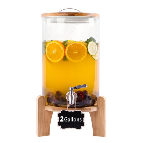 2 Gallon Drink Dispenser, Glass Beverage Dispenser with Wood Stand, Lemonade Dispenser with Airtight Valve and Stainless Steel Spigot Fruit Infuser, Thick Drink Dispenser for Parties Restaurants