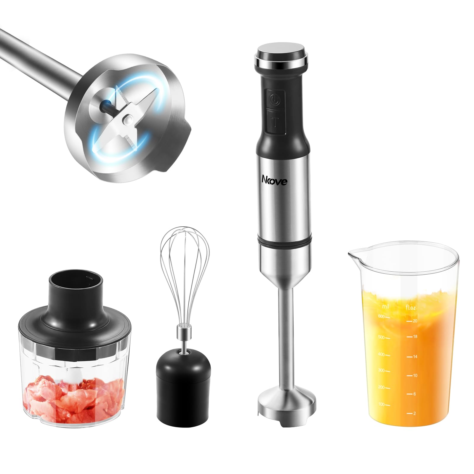 Nkove Immersion Blender Handheld Corded Hand Blenders 5 in 1 Set 800W, Stainless Steel Stick Blender Turbo Mode with 600 ml Mixing Beaker with Lid, 400 ml Chopper, Whisk, Milk Frother, BPA-Free