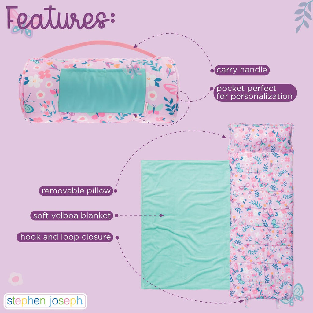Stephen Joseph, Toddler All Over Print Nap Mat with Soft Blanket and Removable Pillow for Boys & Girls, Kids Sleeping Bag for Elementary, Daycare, Preschool with Carry Handle, Pink Unicorn