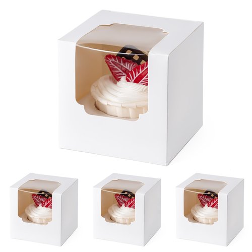 BOOMIBOO 100 Pack Individual Cupcake Containers, Cupcake Boxes with Window, Food Grade Cupcake Holders with Inserts, Stackable Deep Cupcake Carrier (White)