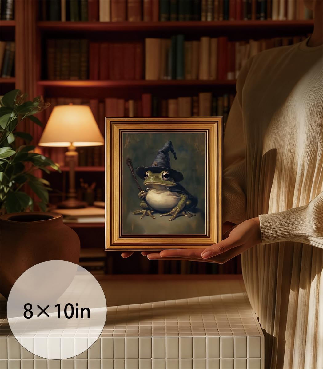 Vintage Gold Framed Wall Art - Witchy Frog Canvas Print for Dark Academia Decor | 8x10in Gothic Artwork