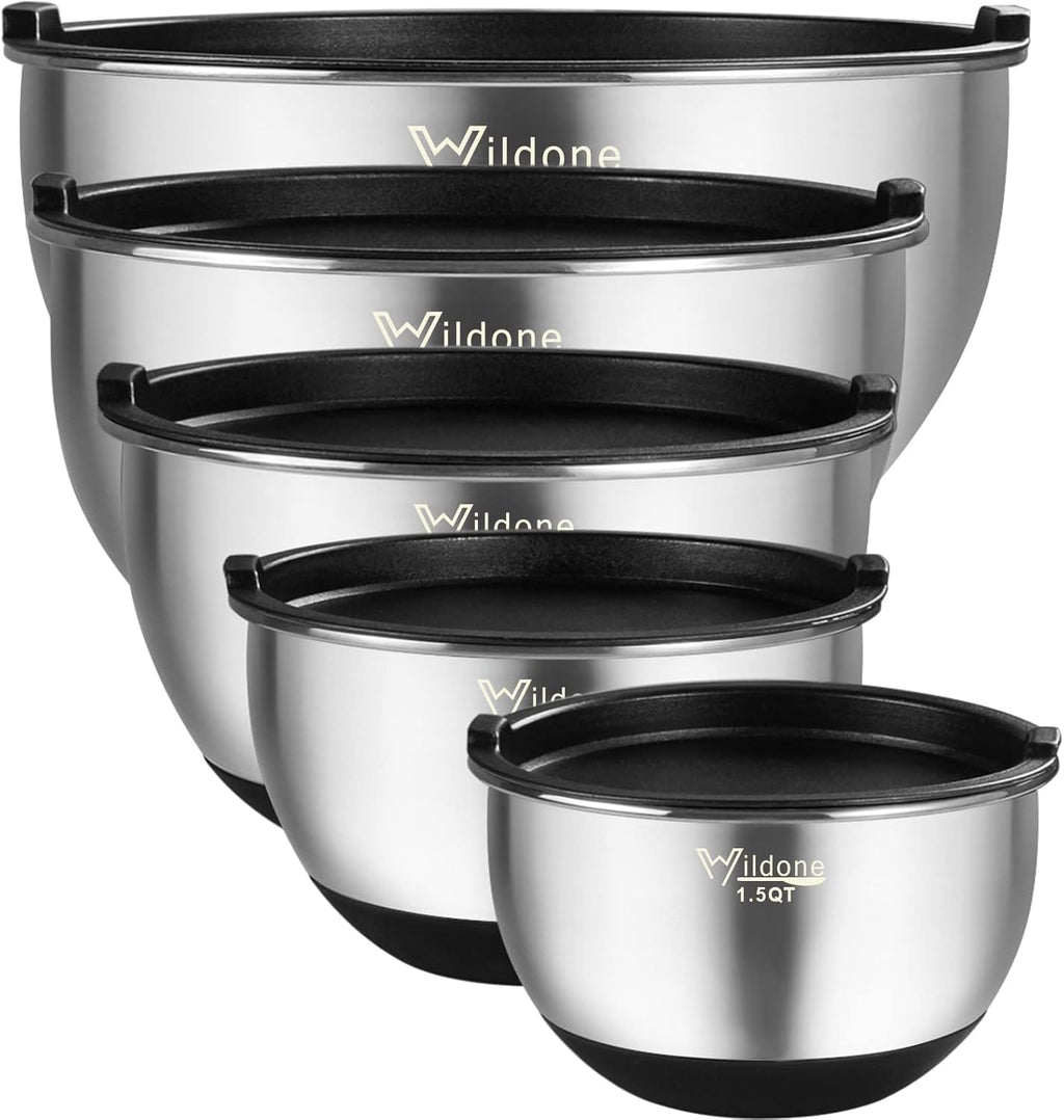 Wildone Mixing Bowls Set of 5 - Stainless Steel with Airtight Lids & Non-Slip Silicone Bottoms | 1.5 to 8 QT