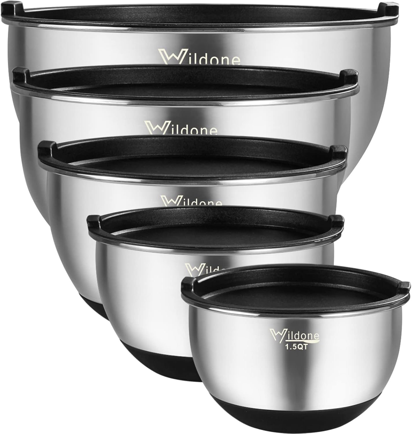Wildone Mixing Bowls Set of 5 - Stainless Steel with Airtight Lids & Non-Slip Silicone Bottoms | 1.5 to 8 QT