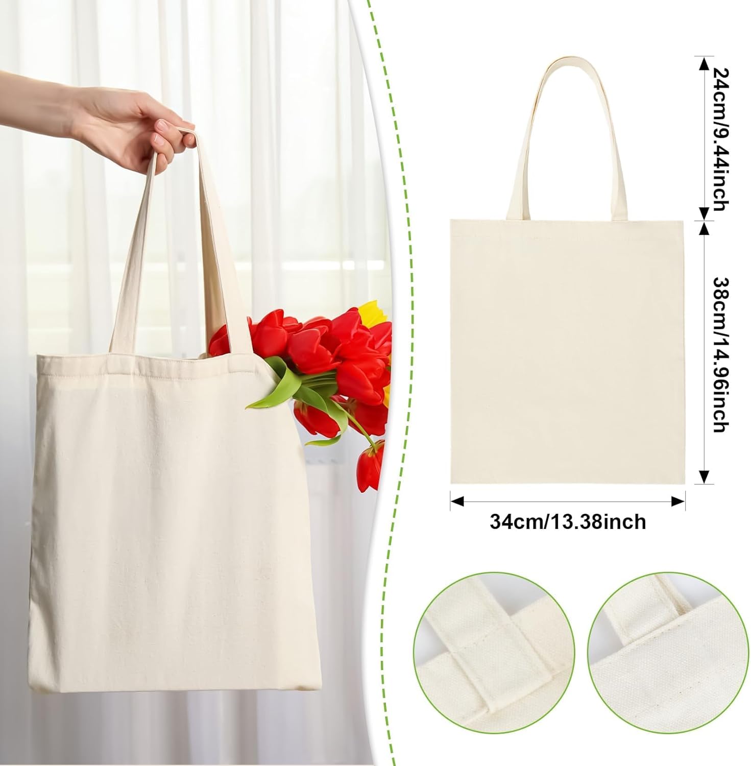 Skiennix Canvas Tote Bag - 4 Pack Reusable Cotton Grocery Bags with Handles for Crafts & Gifts