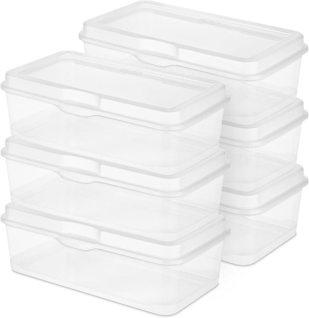 Sterilite 6-Pack Rectangular Large Flip-Top Storage Boxes - Clear Stackable Organizers for Crafts, Photos & More