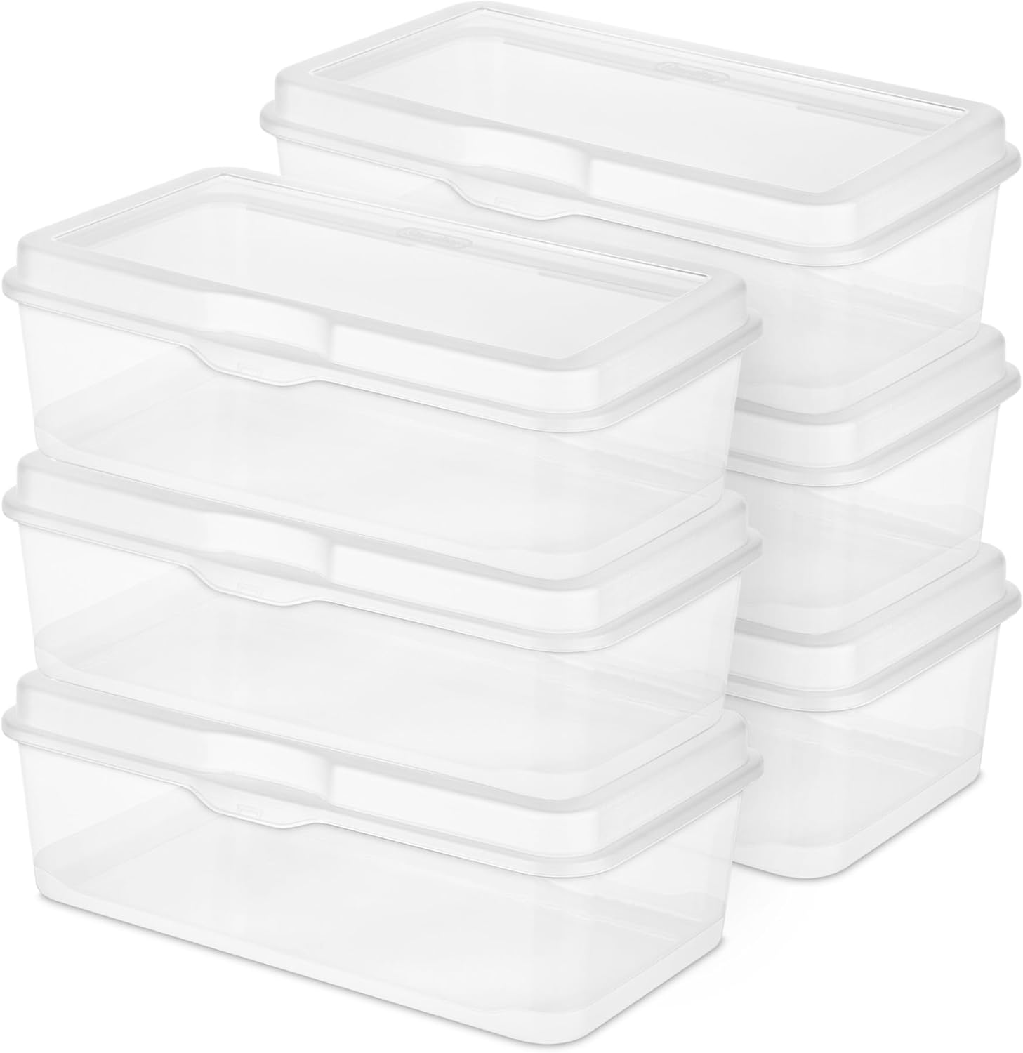 Sterilite 6-Pack Rectangular Large Flip-Top Storage Boxes - Clear Stackable Organizers for Crafts, Photos & More