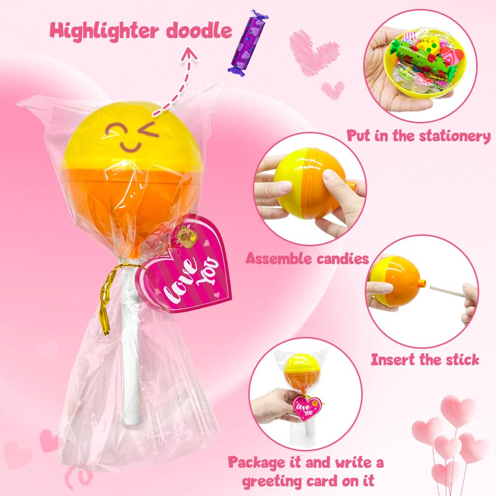 UMEELR 24Pack Lollipop Stationery Set with Heart Cards Highlighter Stickers Cartoon Paperclip Erasers for School Class Prize Easter Basket Stuffers, Easter Egg Hunt