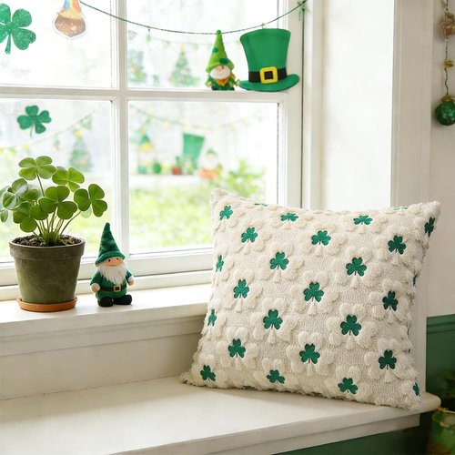 Heirloom Haven St Patrick’s Day Pillow Covers Set of 2, Beige Shamrock Green Embroidery Irish Soft Plush Faux Fur Jacquard Embroider Decorative Holiday Farmhouse Cushion Case for Sofa 18 x 18 Inch