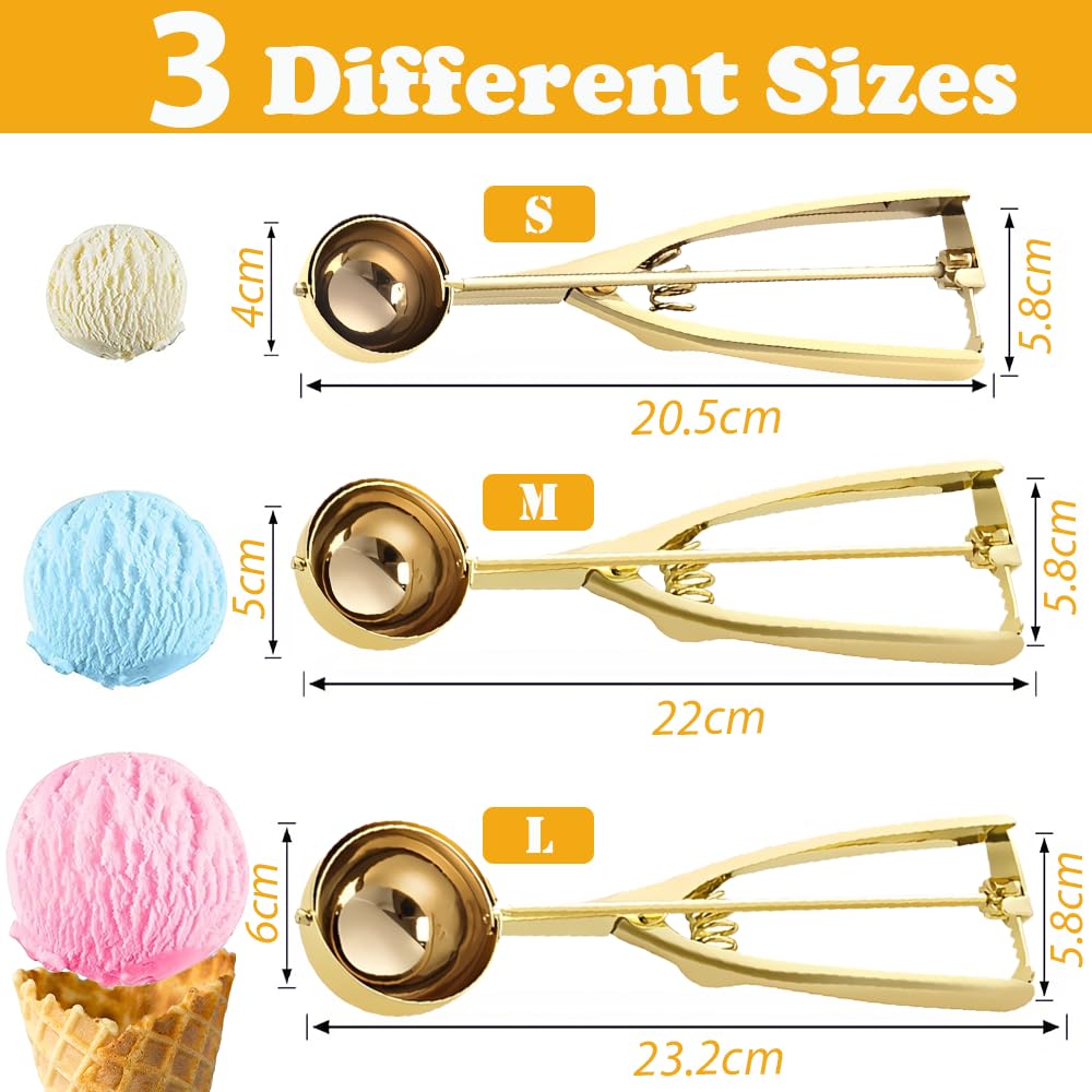 ZYHUI Gold Ice Cream Scoop 304 Stainless Steel Cookie Scoops for Baking Melon Baller with Trigger 3 Sizes (Gold, M)