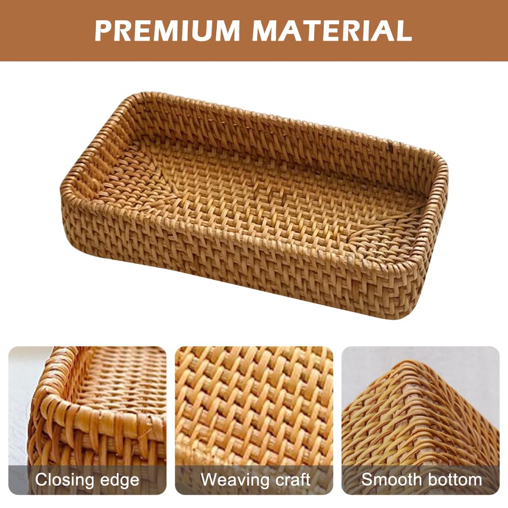 ‌Rattan Serving Tray & Vanity Storage Basket, Natural Wicker Display Tray for Keys, Jewelry, Cosmetics, Bathroom Countertop, Living Room, Entryway, Office