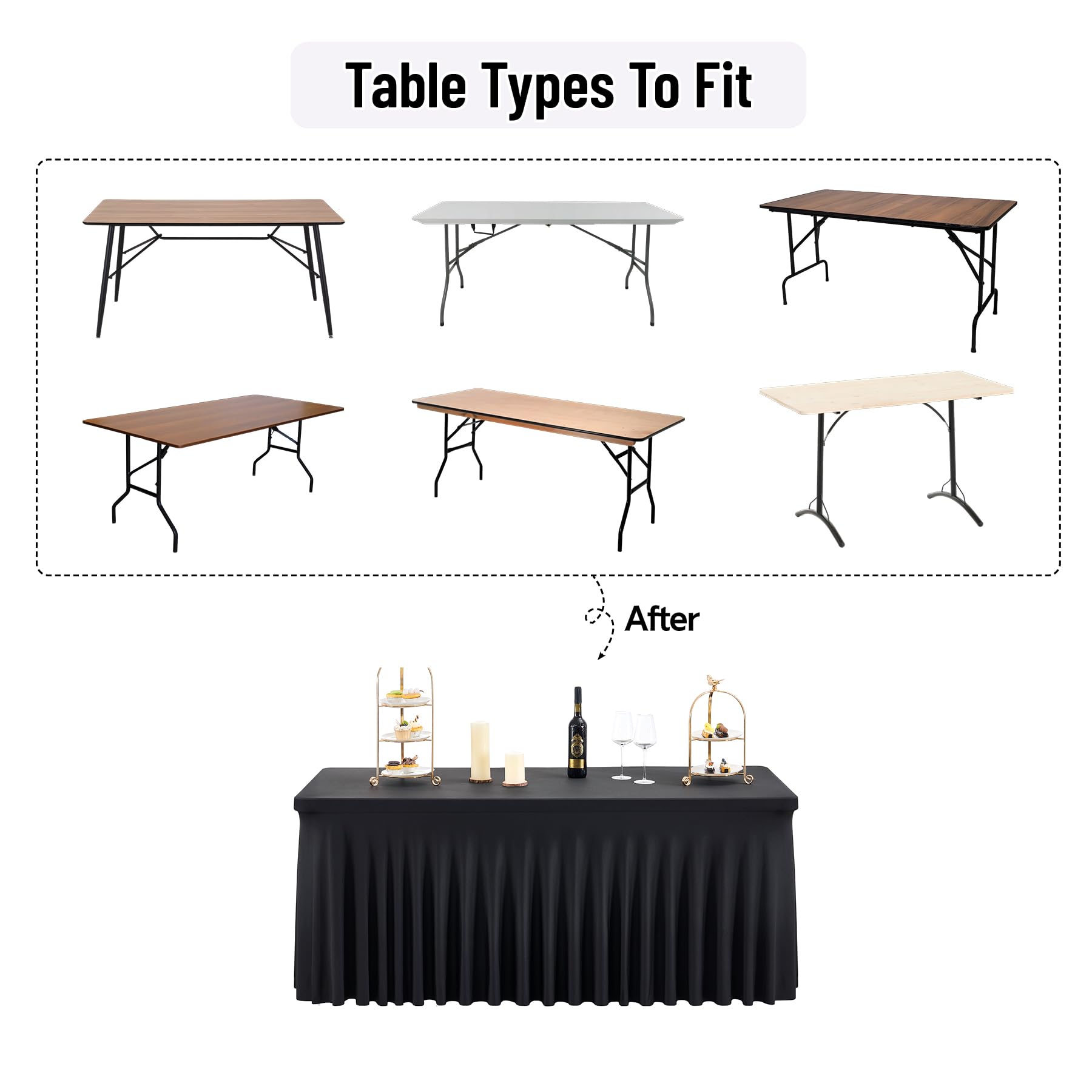 Outpain Black Spandex Table Clothes for 5 Foot Rectangle Tables-4Pack 5FT Spandex Fitted Table Cover, Wrinkle Free Tablecloths with Skirt for Parties, Wedding, Birthday, Banquet, Festival