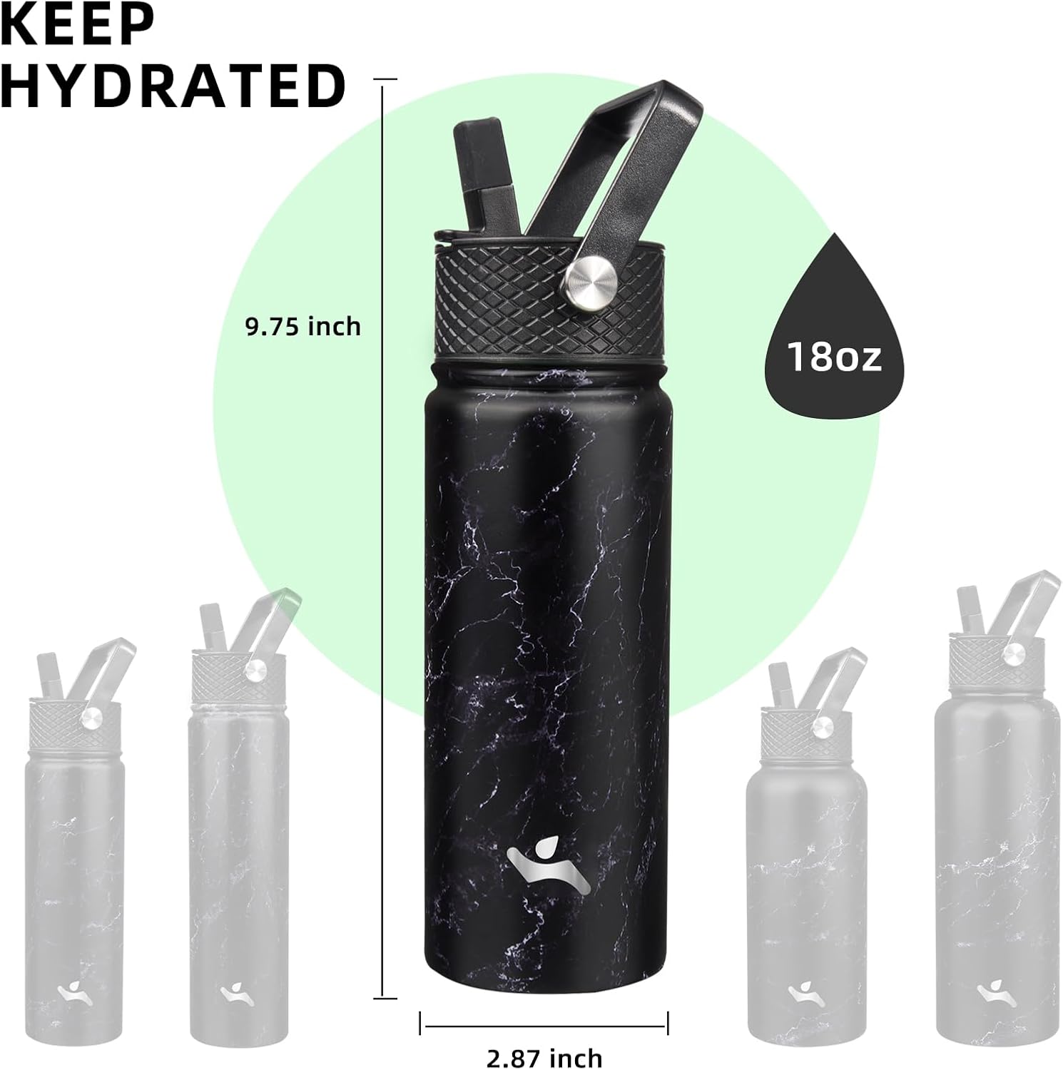 Skiennix 18 oz Insulated Stainless Steel Water Bottle - Marble Midnight | 3 Lids Included