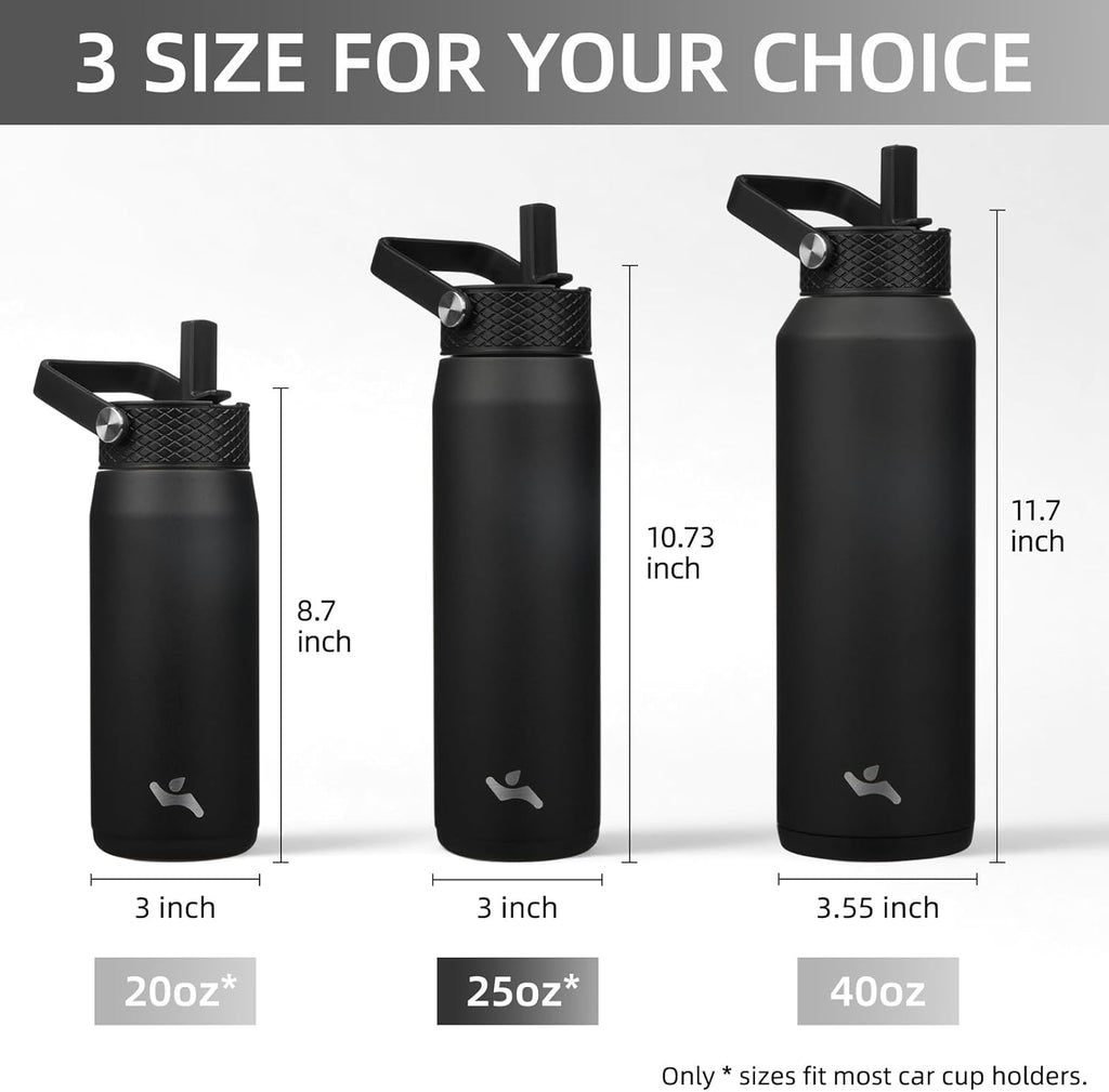 Skiennix 25oz Insulated Stainless Steel Water Bottle - Leakproof BPA-Free with 3 Lids for Gym & Travel | Black