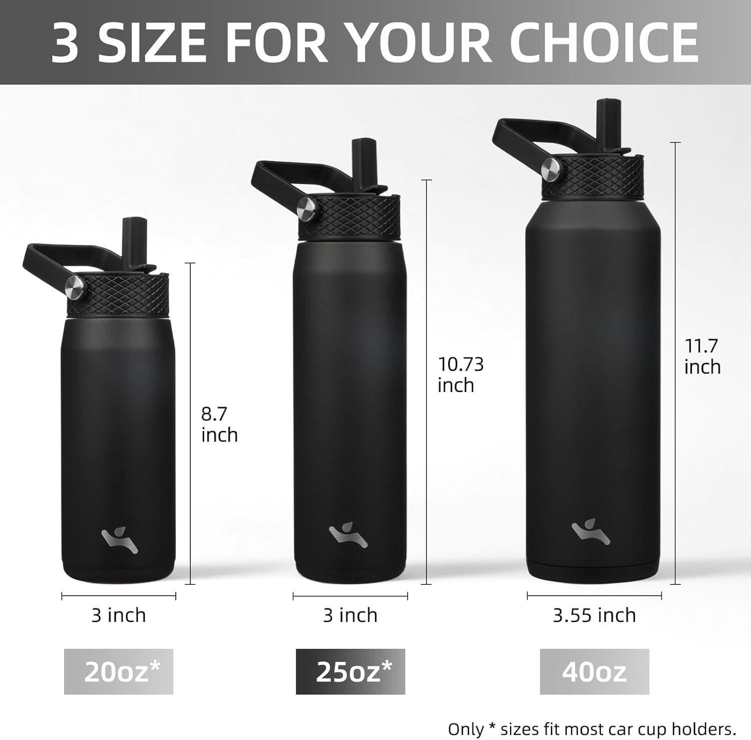 Skiennix 25oz Insulated Stainless Steel Water Bottle - Leakproof BPA-Free with 3 Lids for Gym & Travel | Black