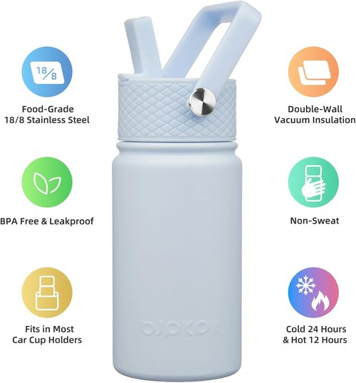 BJPKPK Insulated Water Bottle - 15oz Stainless Steel Thermo with Straw Lid | Cute & Leak-Proof Light Blue
