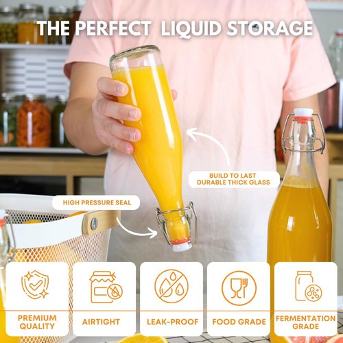 FastRack Swing Top Glass Bottles |16 oz – Pack of 6 | Clear, Flip Top Glass Bottles for Home Brewing, Carbonated Drinks, Kombucha, Fermentation, Water | Food Grade – ECO Friendly