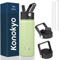 Skiennix 18 Oz Insulated Stainless Steel Water Bottle - Sport Bottle with 3 Lids | Macaron Green