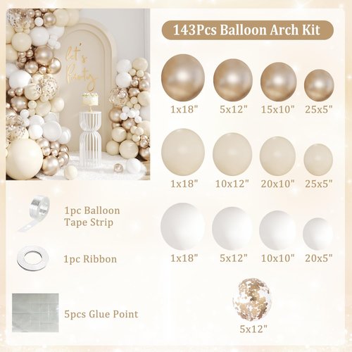 White Sand Champagne Gold Balloon Arch Kit, 143Pcs Metallic Champagne Gold Neutral Balloons Garland Arch Kit Confetti Balloons for First Communion Anniversary Engagement Wedding Birthday Decorations