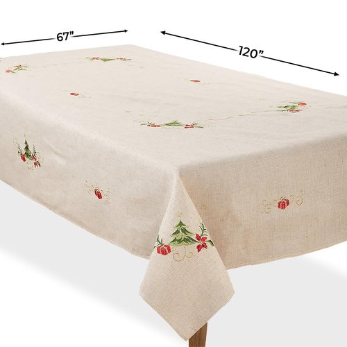 SARO LIFESTYLE Embroidered Christmas Tree Design Linen Blend Tablecloth, Natural, 67" x 120"