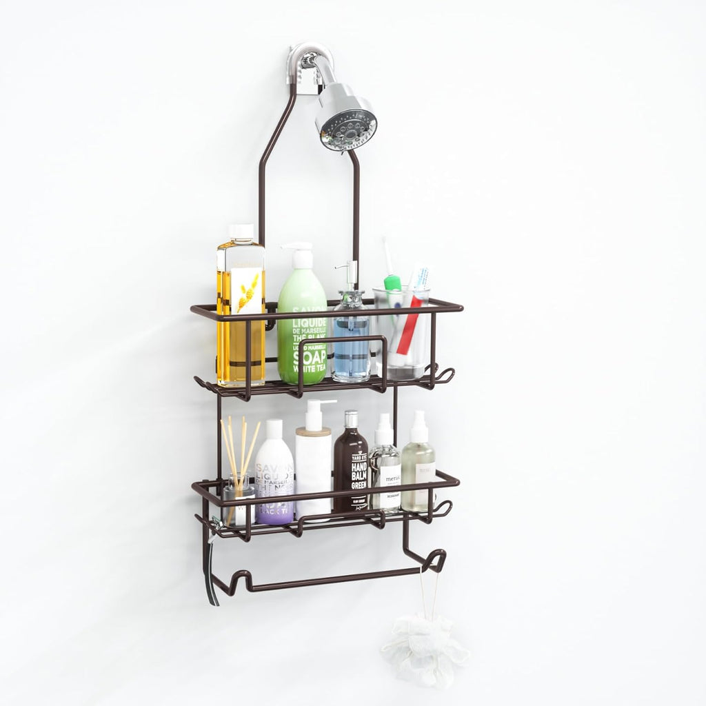 Rustic Bronze Shower Caddy by [Brand Name] - Overhead Organizer with 10 Hooks & Towel Bar