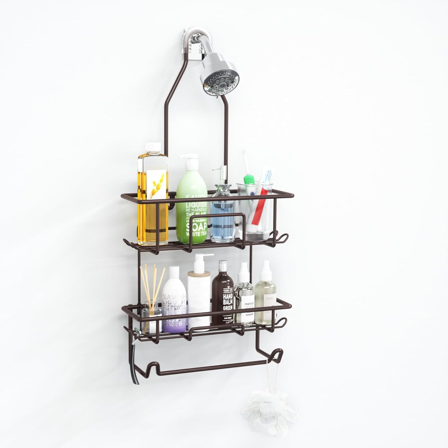 Rustic Bronze Shower Caddy by [Brand Name] - Overhead Organizer with 10 Hooks & Towel Bar