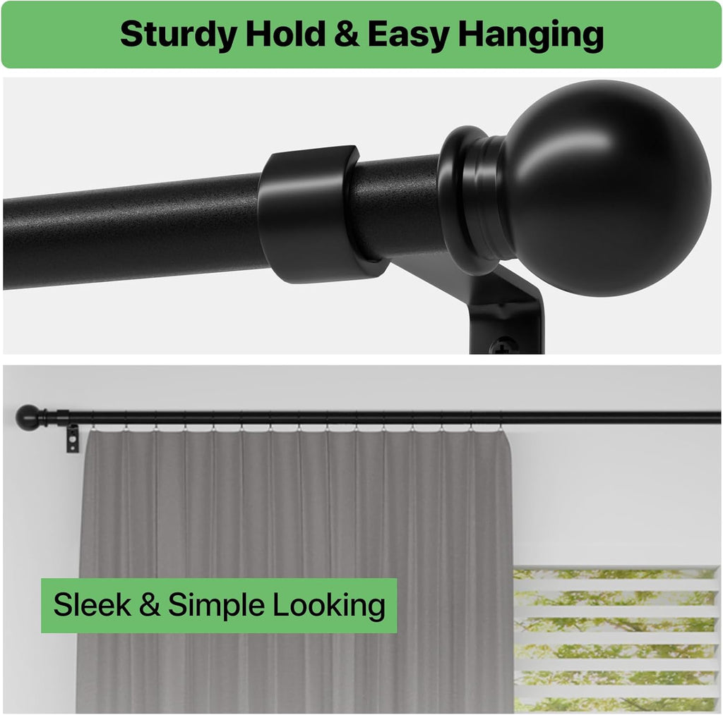 Skiennix Black Curtain Rod Set - Adjustable 28 to 48 Inch Metal Drapery Rod with Brackets | Matte Finish for Bedroom, Kitchen, Living Room