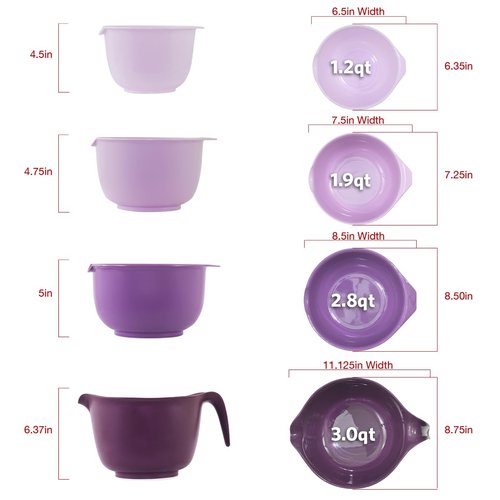 Glad Mixing Bowls with Pour Spout, Set of 4 - Nesting Plastic Bowls (1.2qt, 1.9qt, 2.8qt, and 3qt with Handle) - Non Slip Base, Dishwasher Safe Kitchen Cooking and Baking Supplies, Purple