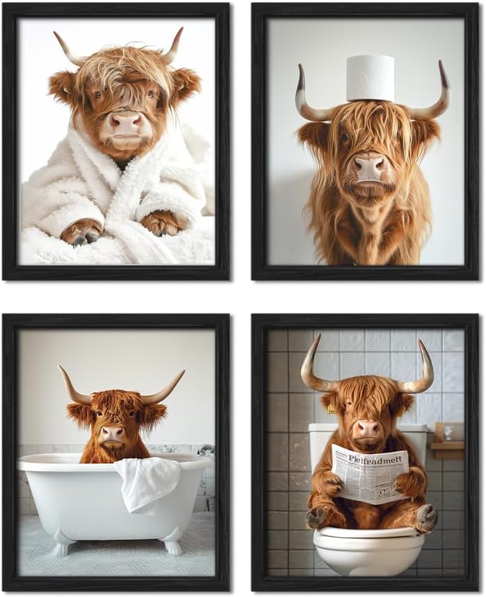 ZXDZSM Highland Cow Wall Art - Funny Bathroom Decor Canvas Prints | Unframed 8x10 Inch, Set of 4