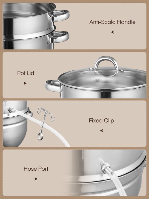 FOHERE 11Qt Steam Juicer Extractor Stainless Steel, Juice Steamer Pot for Fruit & Vegetables with Glass Lid, Hose, Clamp, Loop Handles, Ideal for Making Fresh Juice, Jelly, and Sauces